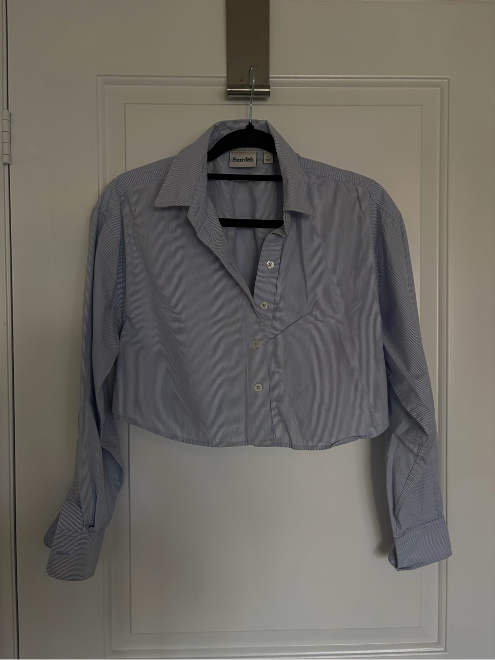 Sunday Best Light Blue Cropped Button-Up Long Sleeve Shirt